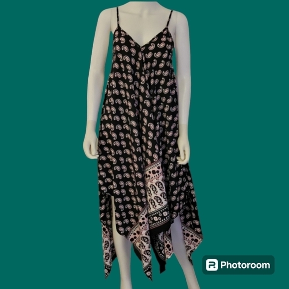 MAGIC 1990s Paisley Assymetric Handkerchief Sharkbite Spaghetti Strap Slip Dress - Picture 1 of 11